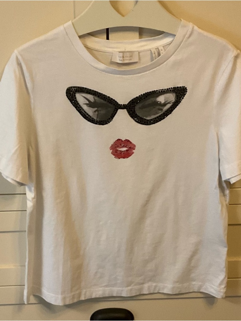White Embellished Sunglasses & Lips Graphic Tee